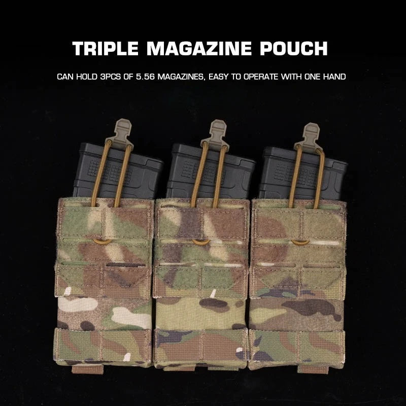 Dual Purpose 5.56 Triple Magazine Pouch MOLLE Bungee Cord Retention Tactical Vest K19 Plate Carrier Front Placard MAG Holder Bag