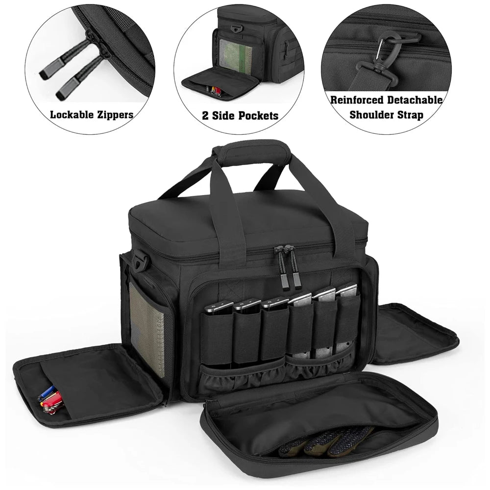 Tactical Pistol Range Bag Gun Storage Pouch for 4 Handguns Gun Carrying Pouch with 6 Magazine Slots Hunting Shooting Range Bag