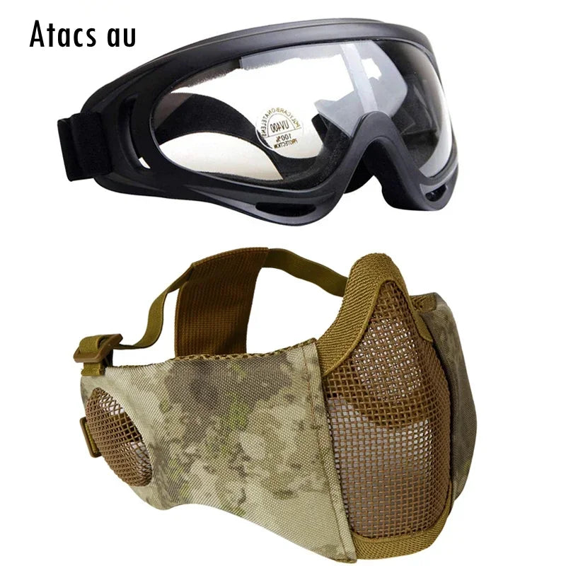 Tactical Airsoft Mask + Goggles Set Half Face Mesh Mask with Ear Cover Paintball Shooting CS Survival Games Cosplay