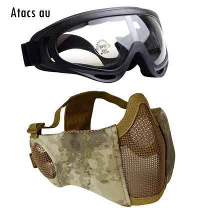 Tactical Airsoft Mask + Goggles Set Half Face Mesh Mask with Ear Cover Paintball Shooting CS Survival Games Cosplay