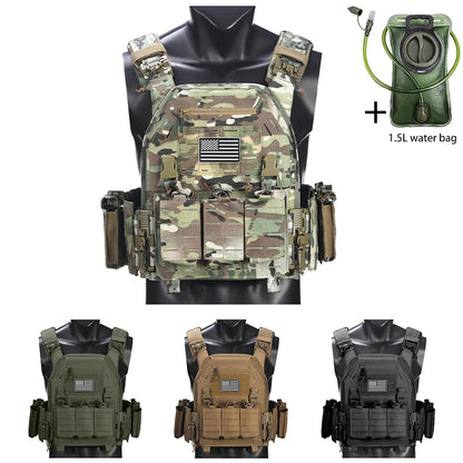 Outdoor camouflage vest with modular pockets and 1.5-liter water bag, suitable for hiking and exploration
