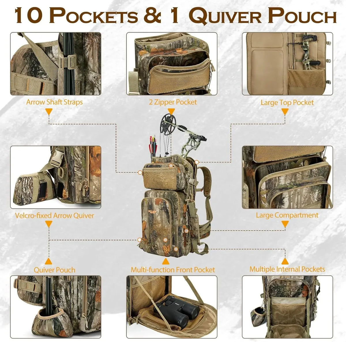 Bow Hunting Backpack for Men, Camo Compound Bag & Tree Saddle Back Pack with Bow Holder, for Elk Turkey Bear Deer