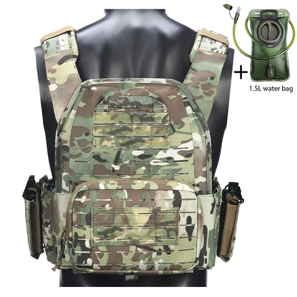 Outdoor camouflage vest with modular pockets and 1.5-liter water bag, suitable for hiking and exploration