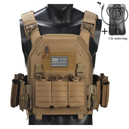 Outdoor camouflage vest with modular pockets and 1.5-liter water bag, suitable for hiking and exploration