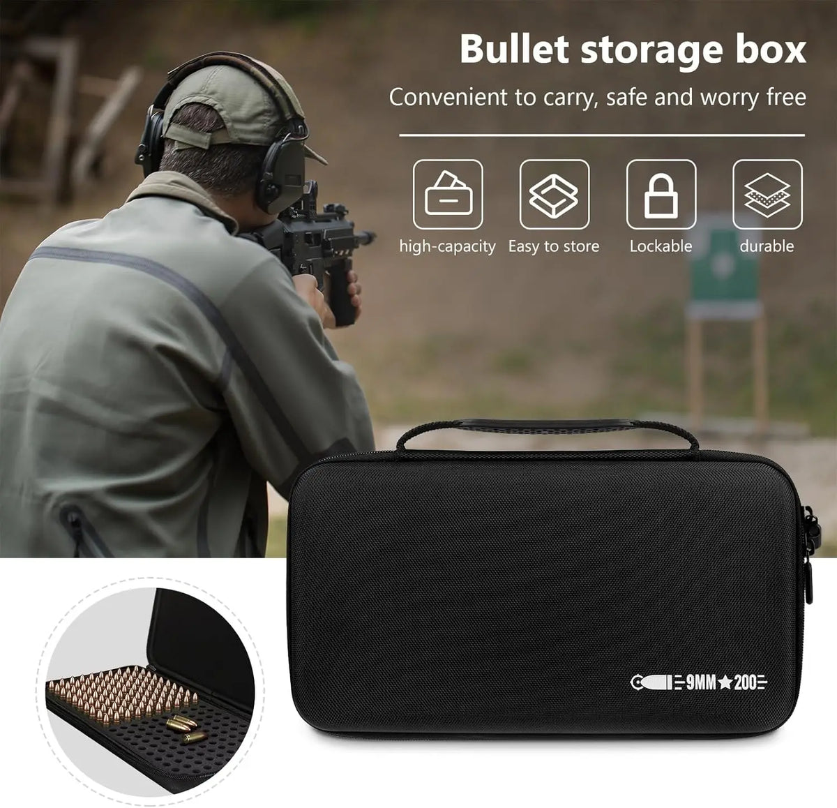 9mm Ammo Pouch 200 Rounds Ammunition Holder Organizer Pistol Cartridges Storage Case Portable Bullet Box for 380 ACP/40 S&W