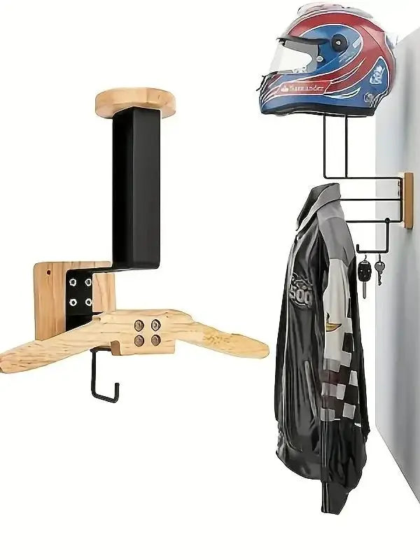 Stainless Steel Wall Mount with Wooden Motorcycle Helmet Holder for Tactical Helmets, Vests and Motorcycle Accessories Storage