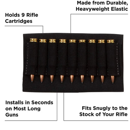 9 Rounds Rifle Buttstock Shell Ammo Holder Cartridge Shot Gun Shell Magazine fits most hunting rifles Elastic Nylon Black