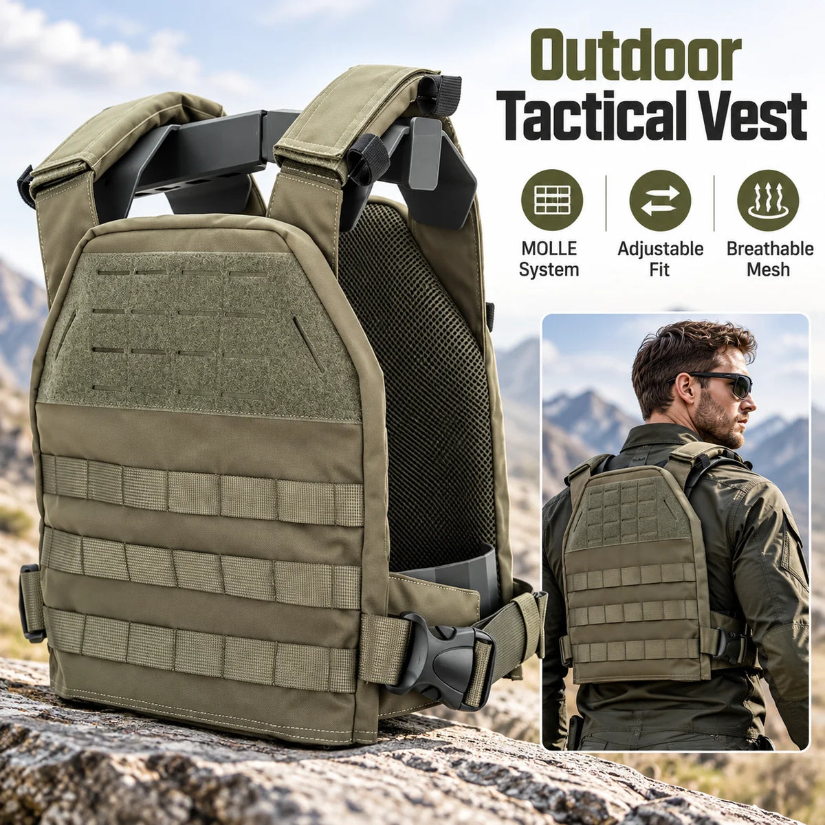 Tactical MOLLE Vest Adjustable Buckle Outdoor Training Waistcoat for Airsoft Wargame Hunting Camping Cosplay Sports Gear