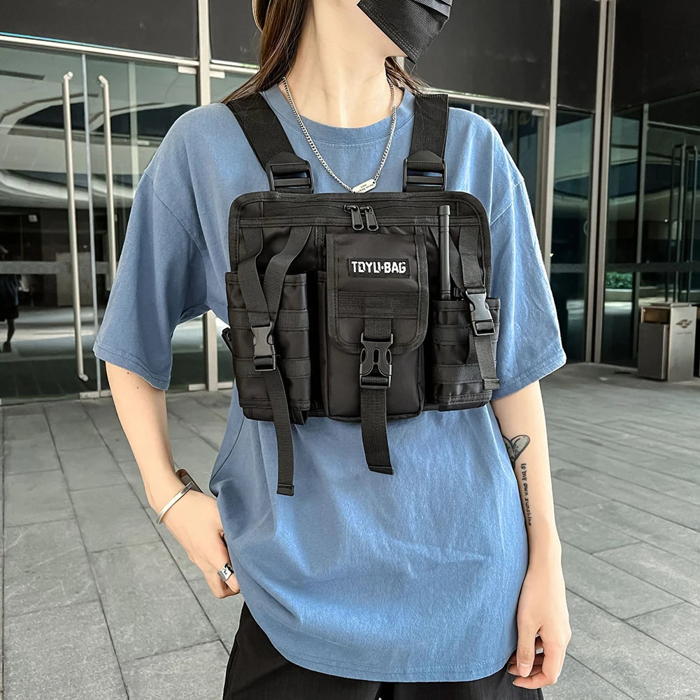 Molle Shoulder Vest Bags Oxford Cloth Vest Chest Bags Adjustable Multiple Pockets Lightweight for Hiking Travel Cycling