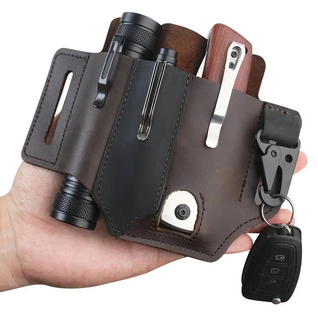 Leather EDC Tool Pouch Outdoor Tactical Flashlight Holder Waist Bag for Camping Hiking Survival