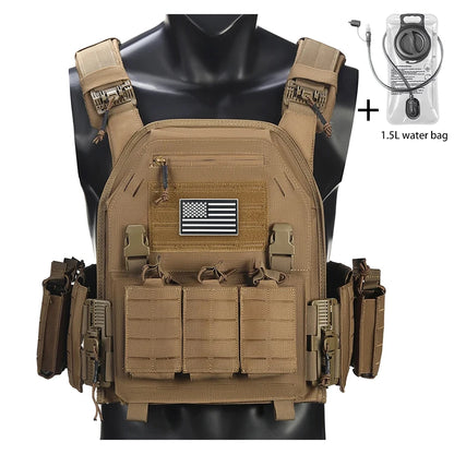 Outdoor camouflage vest with modular pockets and 1.5-liter water bag, suitable for hiking and exploration