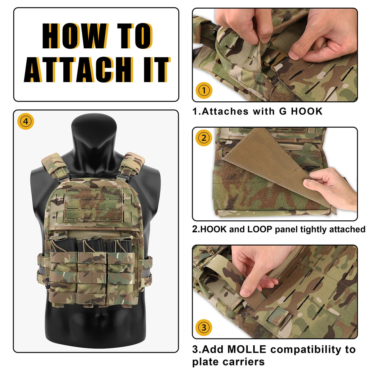 KRYDEX Tactical Laser Cut MOLLE Front Panel Detachable Flap Adapt G Hook Buckle For Plate Carrier Vest Chest Rig Accessories