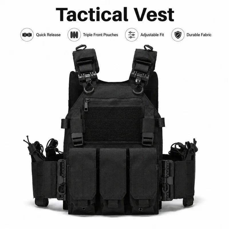 Tactical Vest Polyester Carrier with Triple Magazine Pouch Quick Release Airsoft Hunting Vest for Outdoor Training