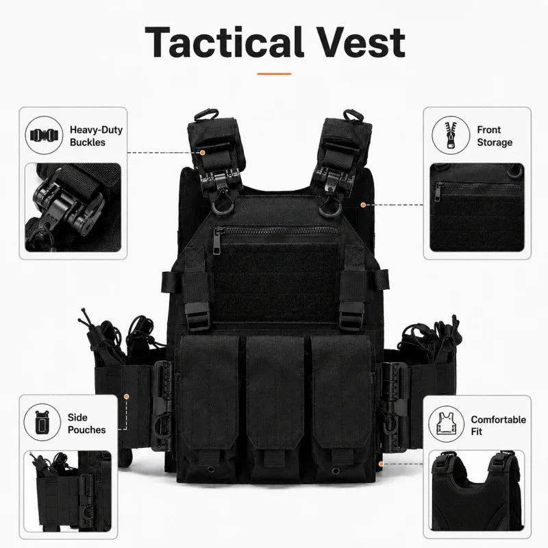 Tactical Vest Polyester Carrier with Triple Magazine Pouch Quick Release Airsoft Hunting Vest for Outdoor Training