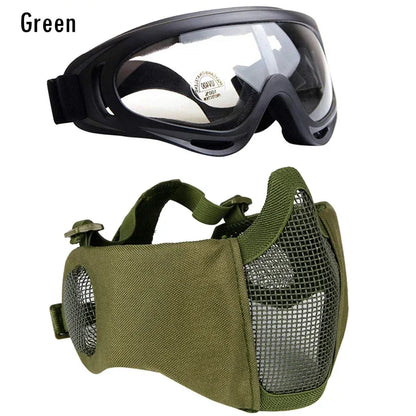Tactical Airsoft Mask + Goggles Set Half Face Mesh Mask with Ear Cover Paintball Shooting CS Survival Games Cosplay
