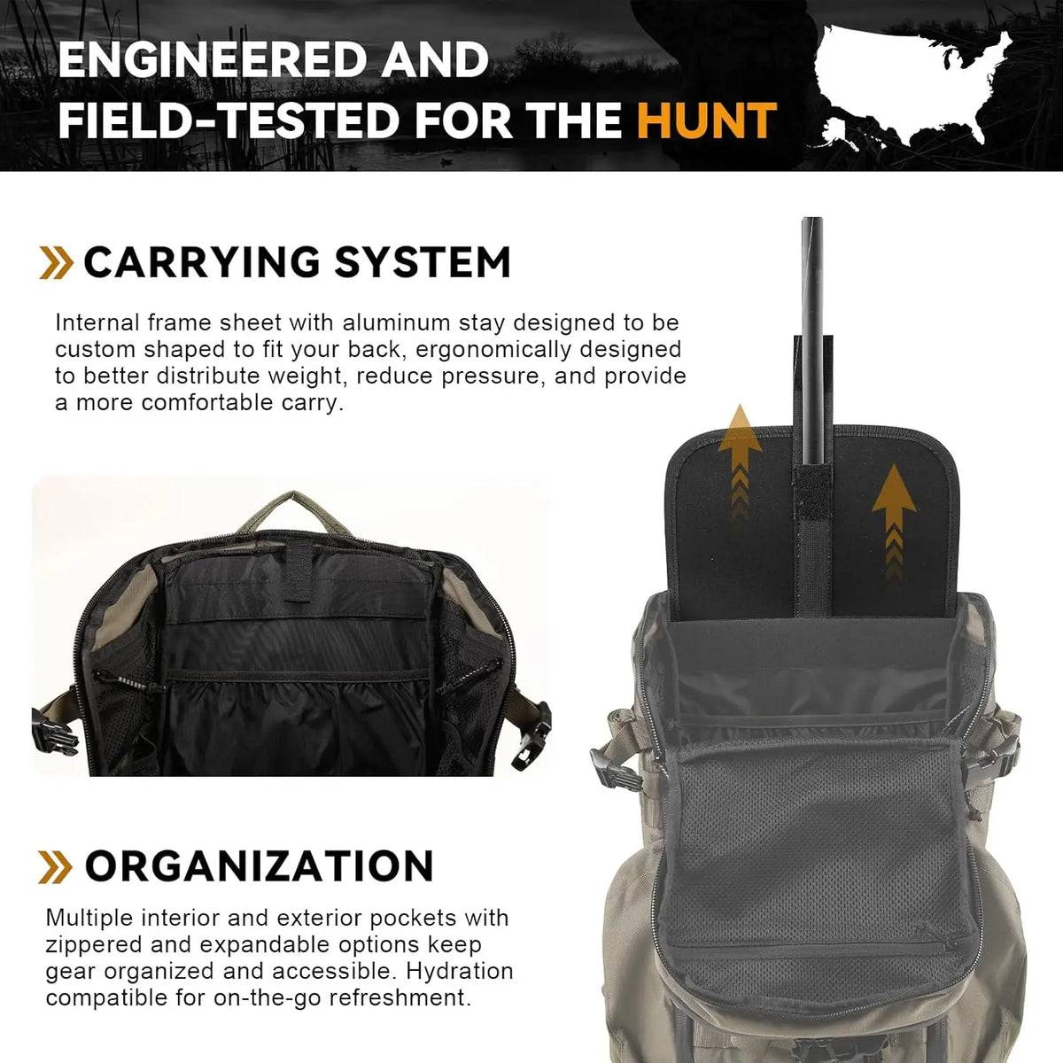 VOTAGOO Hunting Backpack with Rifle Bow Carry System Customizable Aluminum Frame 2000ci for Waterfowl Deer Hunting Outdoor