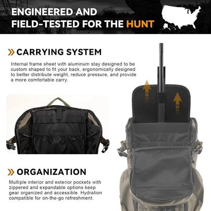 VOTAGOO Hunting Backpack with Rifle Bow Carry System Customizable Aluminum Frame 2000ci for Waterfowl Deer Hunting Outdoor