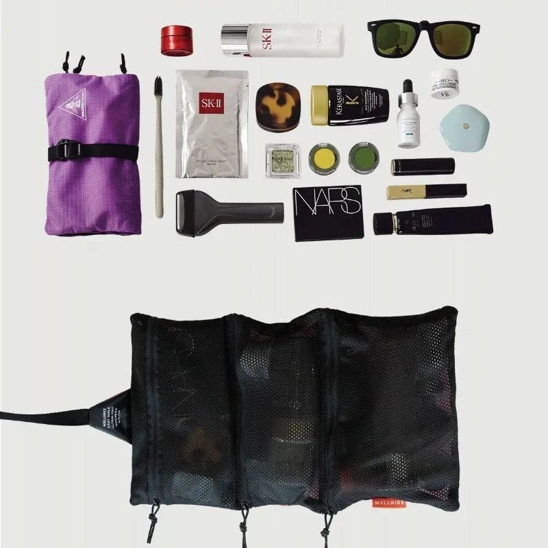 Ultra Light UHMWPE Ripstop Nylon Roll Up Toiletry Bag 3Mesh Pockets Waterproof Travel Cosmetic Storage Pouch for Camping Hiking