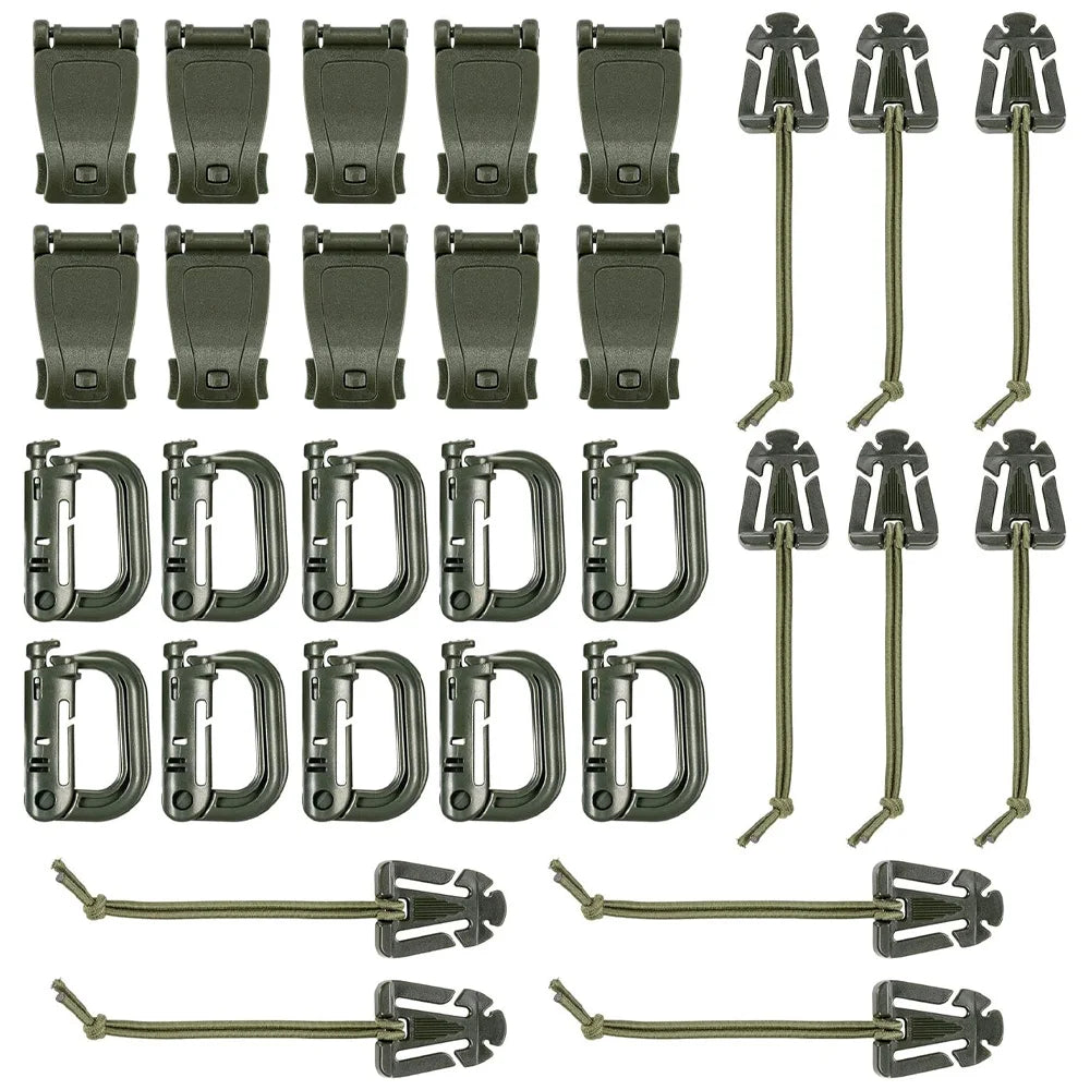 30pcs Attachments for Molle Bag Backpack Vest Belt D-Ring Locking Gear Clip Web Dominator Elastic Strings