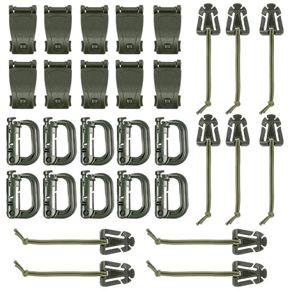 30pcs Attachments for Molle Bag Backpack Vest Belt D-Ring Locking Gear Clip Web Dominator Elastic Strings