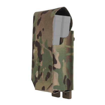 Flip-top front and rear 5.56 magazine pouch covers with MOLLE inserts to fit 5.56 magazines.