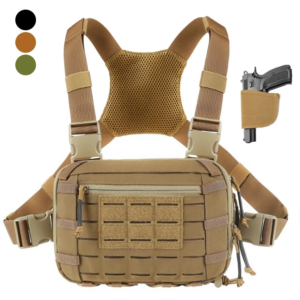 Tactical Chest Pack with Gun Holster EDC Chest Bag Utility Molle Chest Rig Pouch with Compartment Adjustable Strap Outdoor Bag