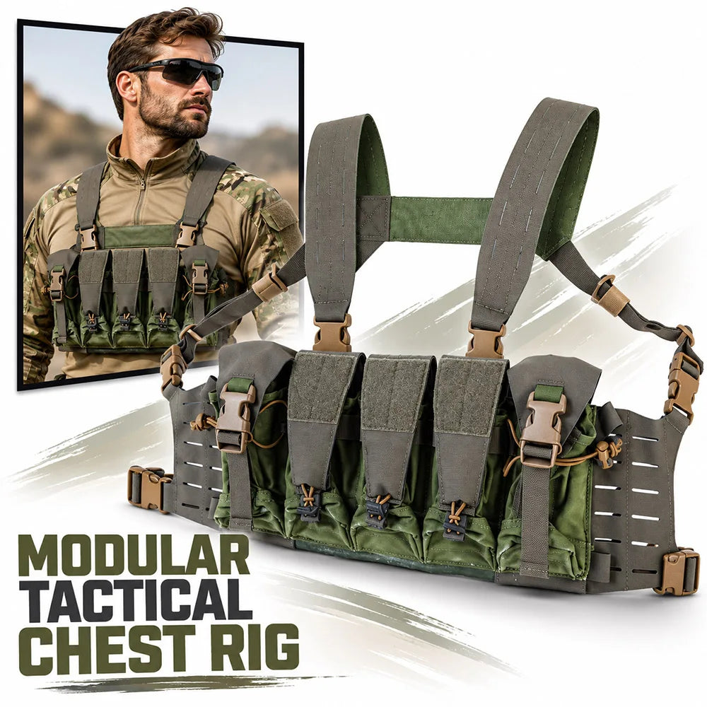 Tactical Modular Chest Rig Laser Cut MOLLE Quick Release Vest with Magazine Pouches for Airsoft Paintball Training Wargame