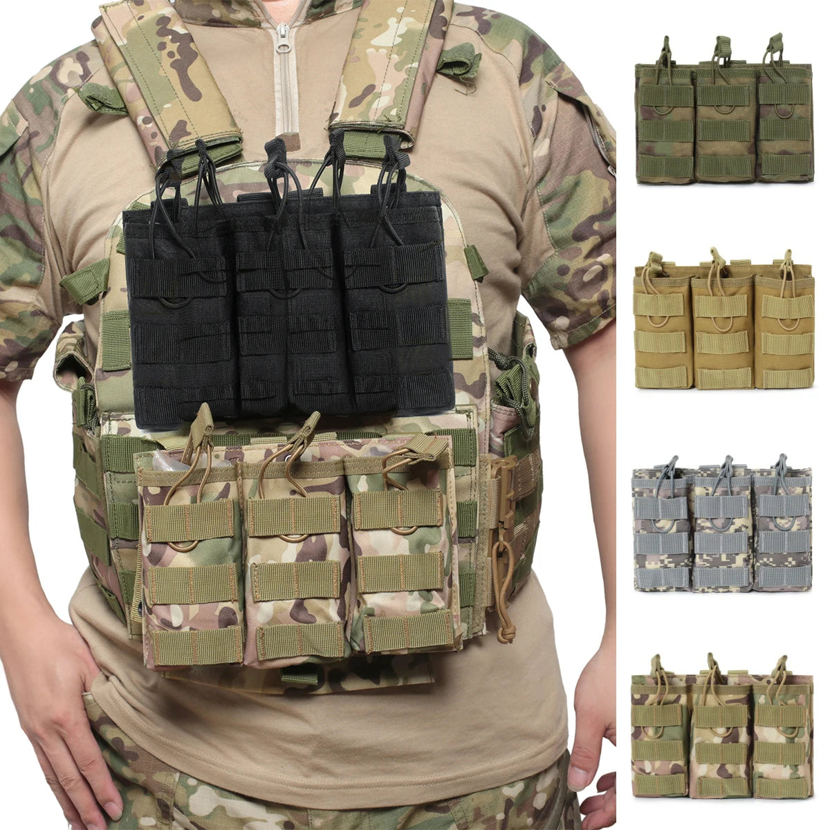 Tactical Triple Molle Magazine Pouches Airsoft AK 7.62 5.56mm M4 AR 15 Rifle Mag Bag Hunting Vest Accessories