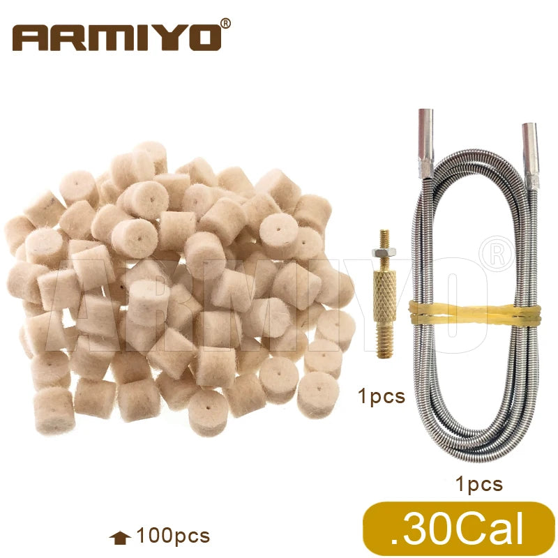 Armiyo .22/.30/.38Cal 12GA Wool Felt Pad 1m Spring Cable Male Thread 8-32 to M2.5 With Nut Hose Pipeline Cleaning Brush Hunting