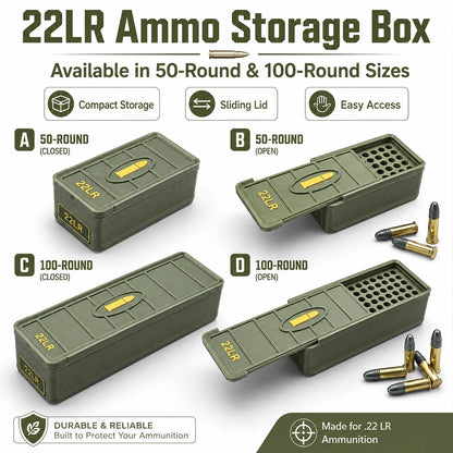 22 LR ammo drawer box, holds 50/100 rounds; made of durable plastic, portable and spill-proof.