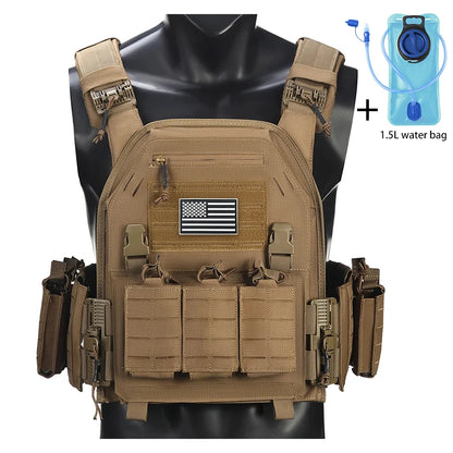 Outdoor camouflage vest with modular pockets and 1.5-liter water bag, suitable for hiking and exploration