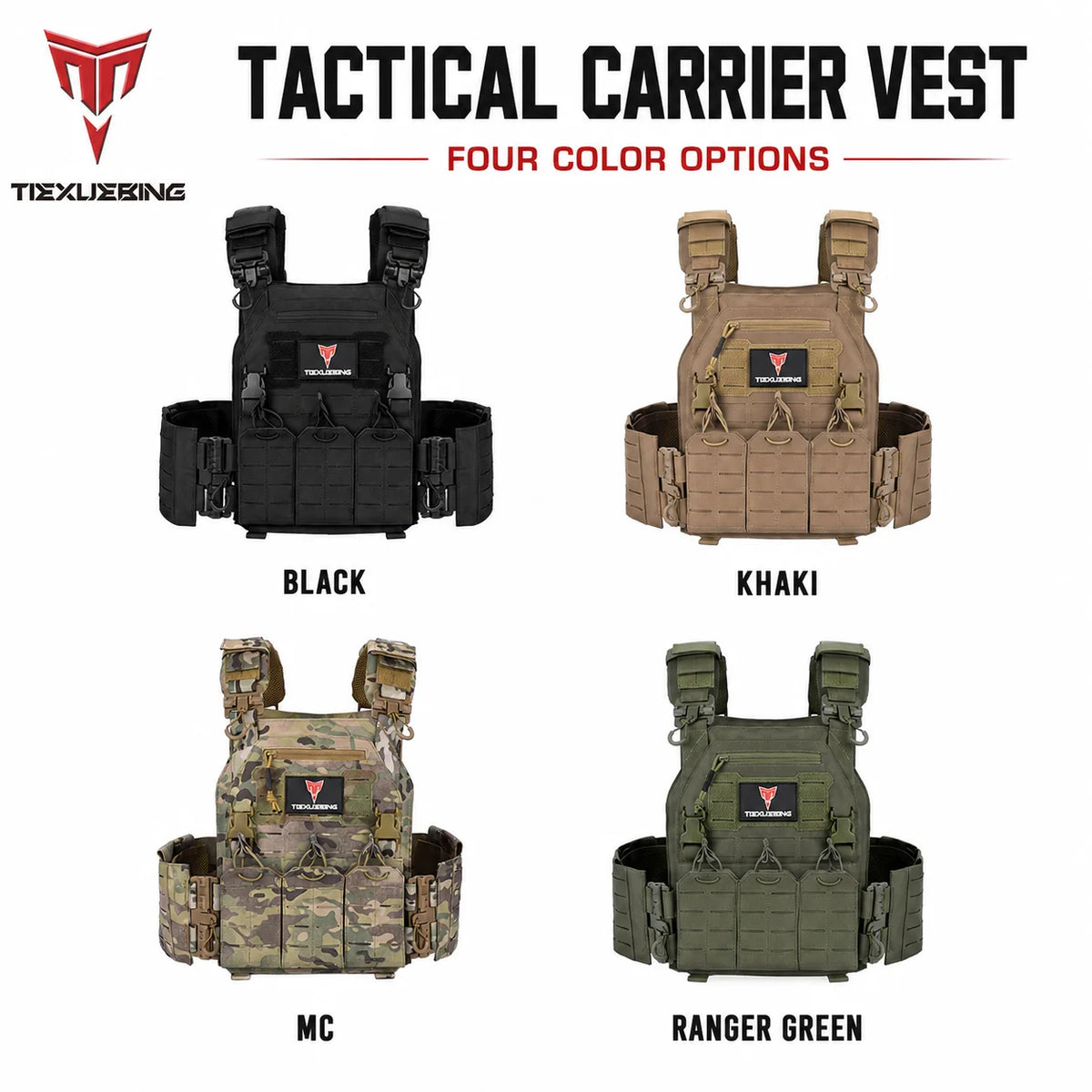 TIEXUEBING Laser Cut Tactical Carrier Vest Quick Release Adjustable Outdoor Hunting Airsoft CS Combat Vest with Triple Pouch
