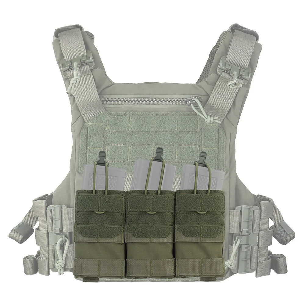 Dual Purpose 5.56 Triple Magazine Pouch MOLLE Bungee Cord Retention Tactical Vest K19 Plate Carrier Front Placard MAG Holder Bag