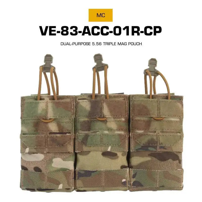 Dual Purpose 5.56 Triple Magazine Pouch MOLLE Bungee Cord Retention Tactical Vest K19 Plate Carrier Front Placard MAG Holder Bag