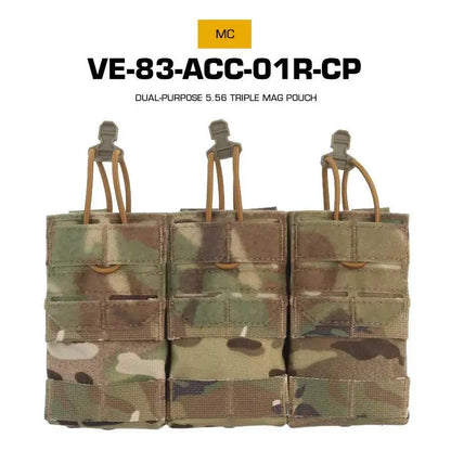 Dual Purpose 5.56 Triple Magazine Pouch MOLLE Bungee Cord Retention Tactical Vest K19 Plate Carrier Front Placard MAG Holder Bag