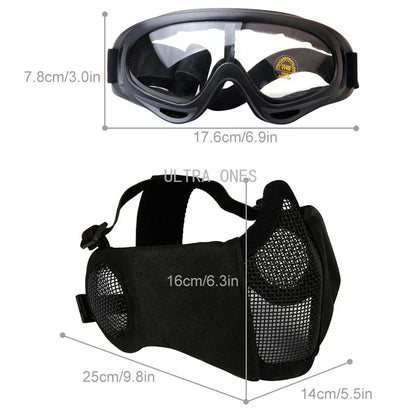 Tactical Airsoft Mask + Goggles Set Half Face Mesh Mask with Ear Cover Paintball Shooting CS Survival Games Cosplay