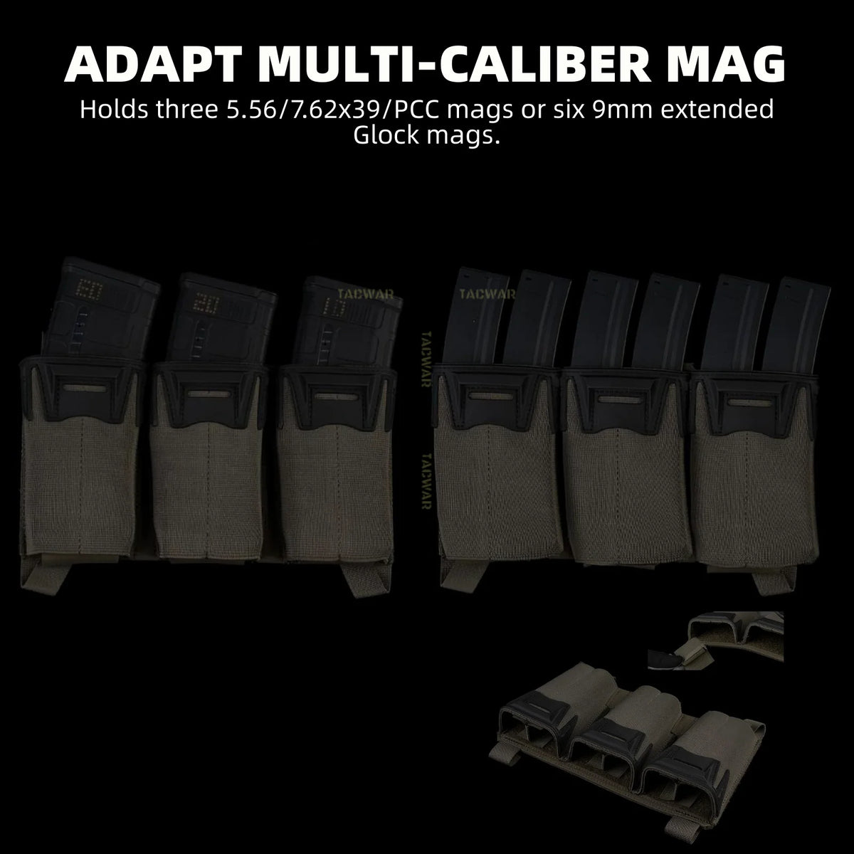 Multi-Caliber Triple Mag Pouch with 9mm Single Mag Pouch & Admin Pouch, Front Placard for K19/KZ/LV119/FCV5 Plate Carrier