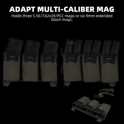 Multi-Caliber Triple Mag Pouch with 9mm Single Mag Pouch & Admin Pouch, Front Placard for K19/KZ/LV119/FCV5 Plate Carrier