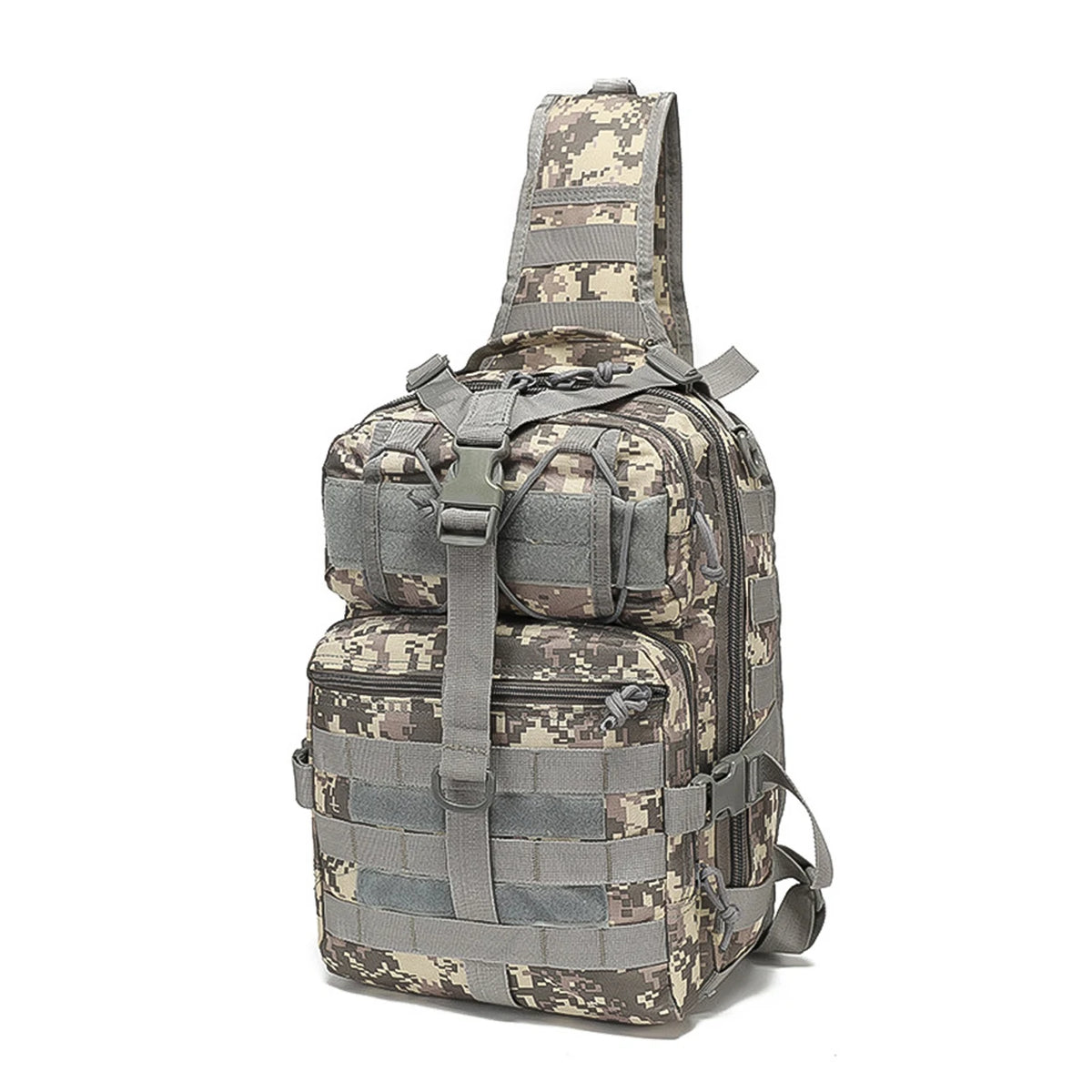 Large capacity shoulder crossbody bag and chest bag with multiple zipper compartments and MOLLE expansion system