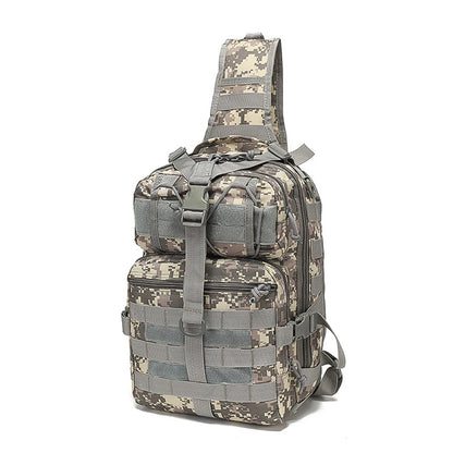 Large capacity shoulder crossbody bag and chest bag with multiple zipper compartments and MOLLE expansion system