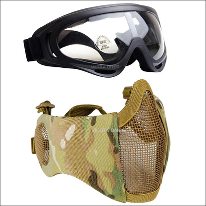 Tactical Airsoft Mask + Goggles Set Half Face Mesh Mask with Ear Cover Paintball Shooting CS Survival Games Cosplay