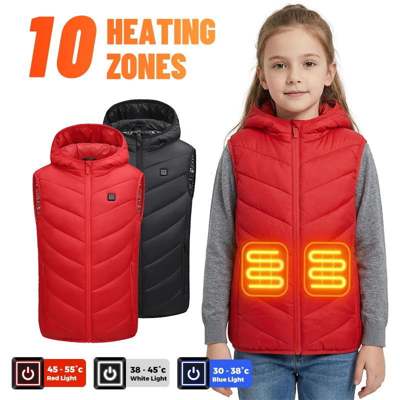 Kids Electric Vest 10 Heating Areas Fast Warmth 3 Gear Temp USB Powered Cozy Inner Layer For Winter Outdoor Boys Girls Washable