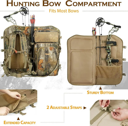 Bow Hunting Backpack for Men, Camo Compound Bag & Tree Saddle Back Pack with Bow Holder, for Elk Turkey Bear Deer