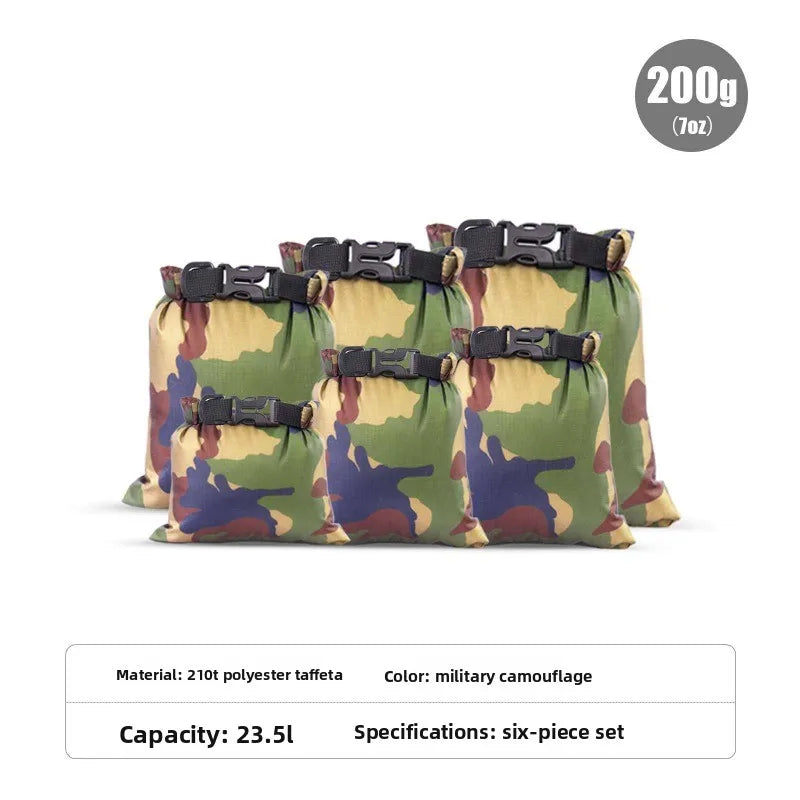 6Pcs Camouflage Waterproof Dry Bag Set Roll Top Storage Sack IPX3 Water Resistant Camping Hiking Outdoor Travel Gear Organizer
