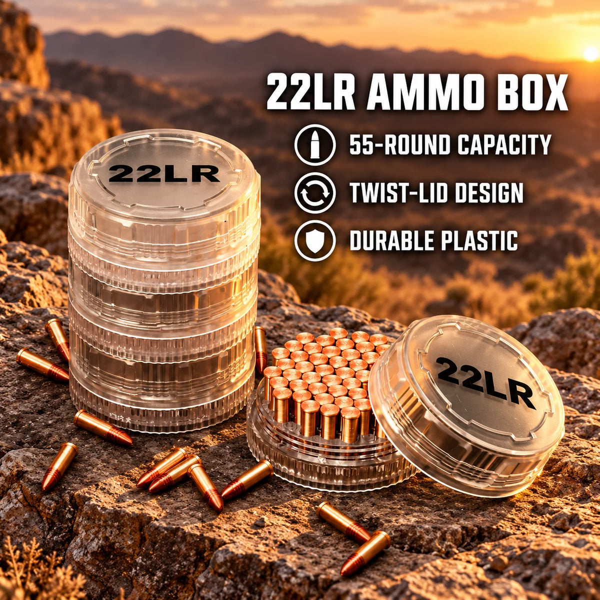 55-round ammo capacity; suitable for .22LR cartridges; portable pocket ammo storage box; translucent plastic material