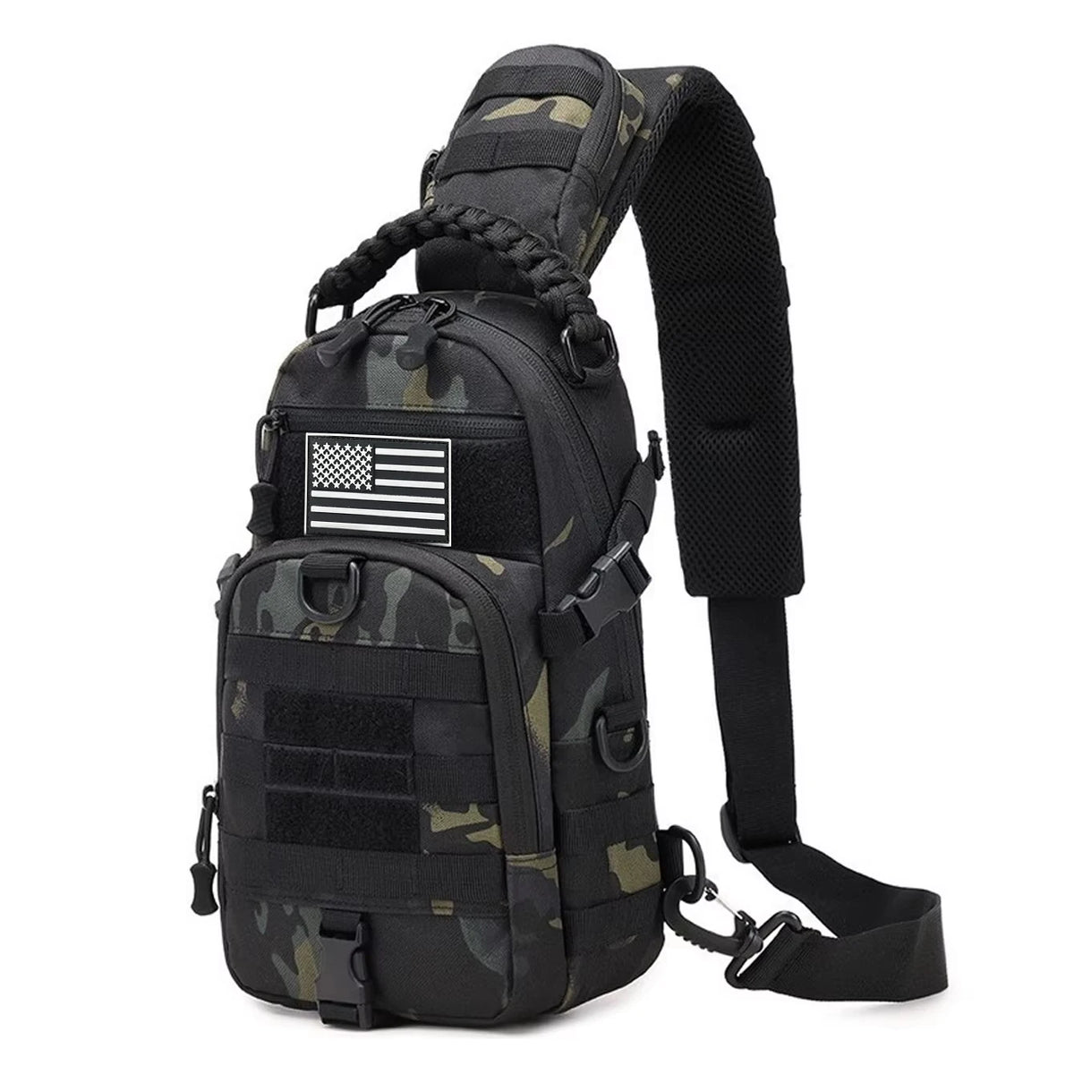 Single shoulder chest bag, widened and thickened shoulder pad, MOLLE system, multi hanging point design, woven handle