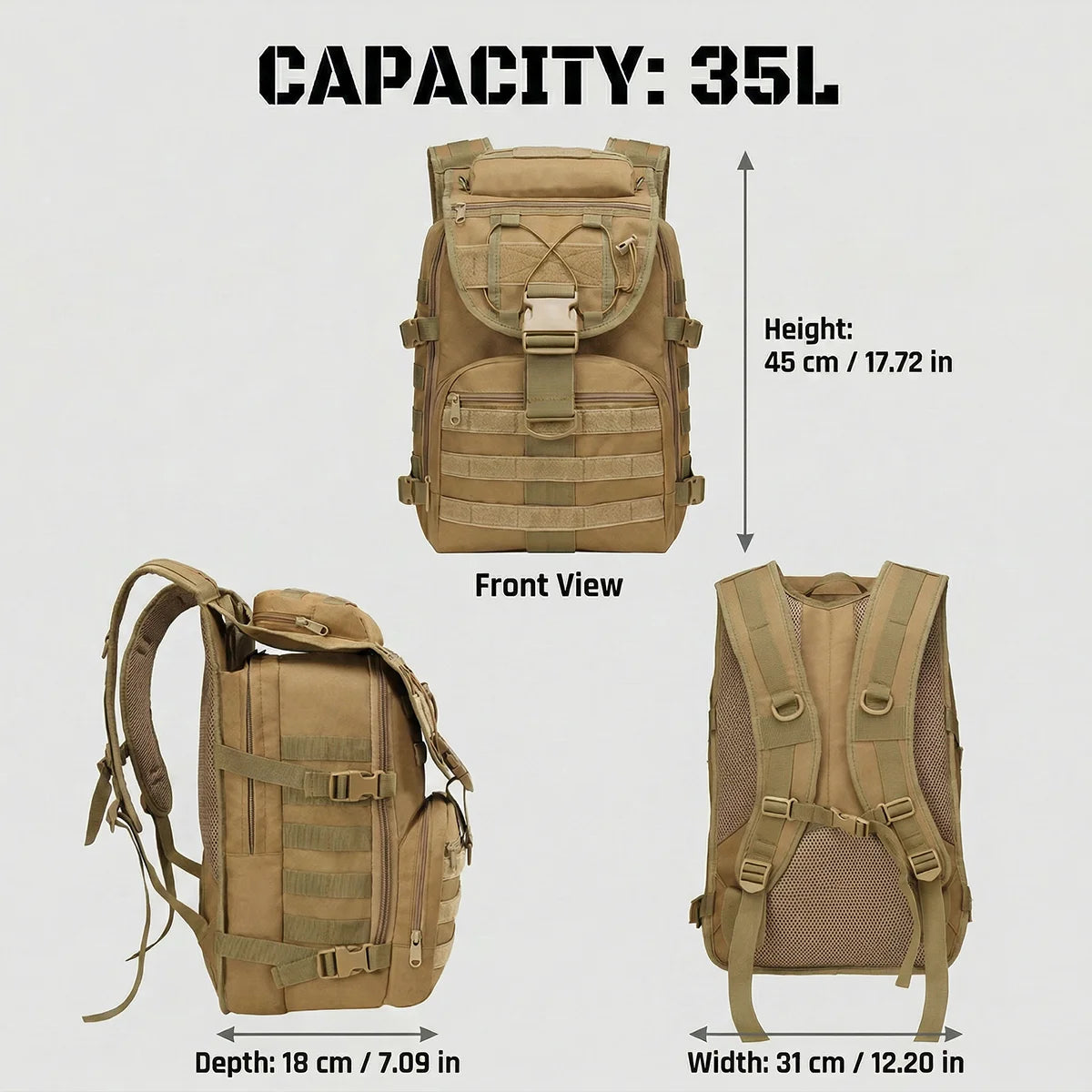 35L Hunting Rucksack for Men with MOLLE External System & Top Latch Closure, Durable Outdoor Backpack for Deer Elk Archery Survival Gear Storage