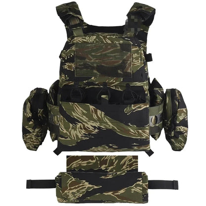 Tactical Vest Ferro Style Plate Carrier V5 FCPC Tiger Stripes with Side Pockets, Triple Magazine Pouch, Roll 1 IFAK Trauma Pouch