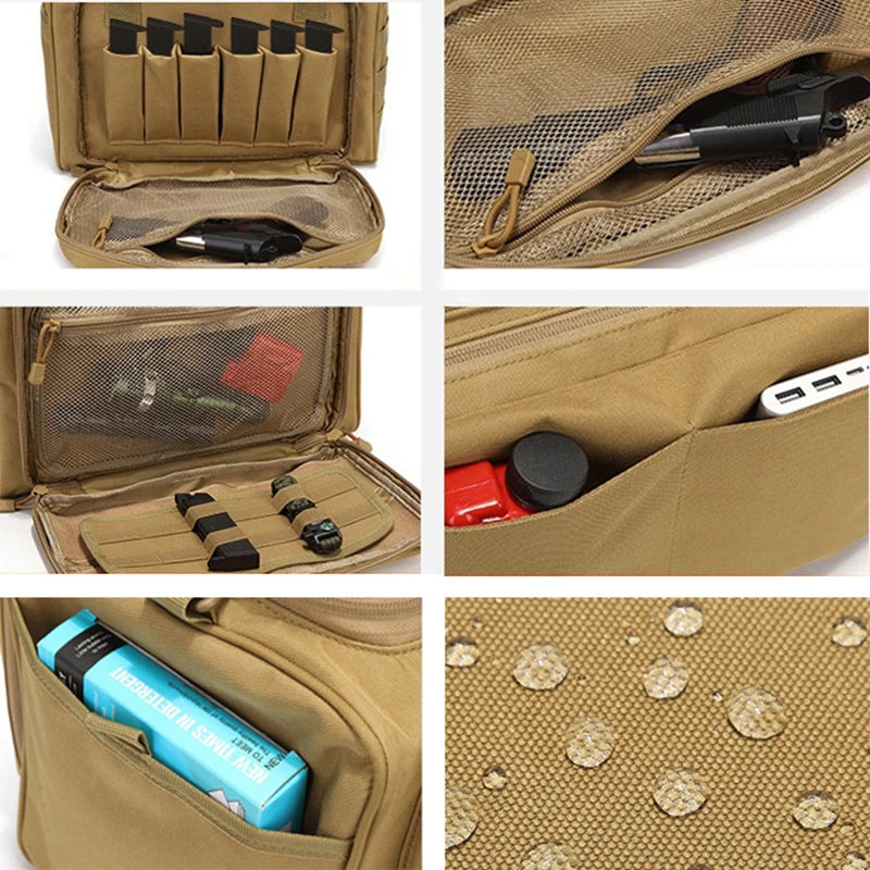 Tactical Range Gun Bag, Multi-Pocket Shoulder Tote with Magazine Pouch MOLLE Holder, Large Capacity Handbag for Outdoor Hunting