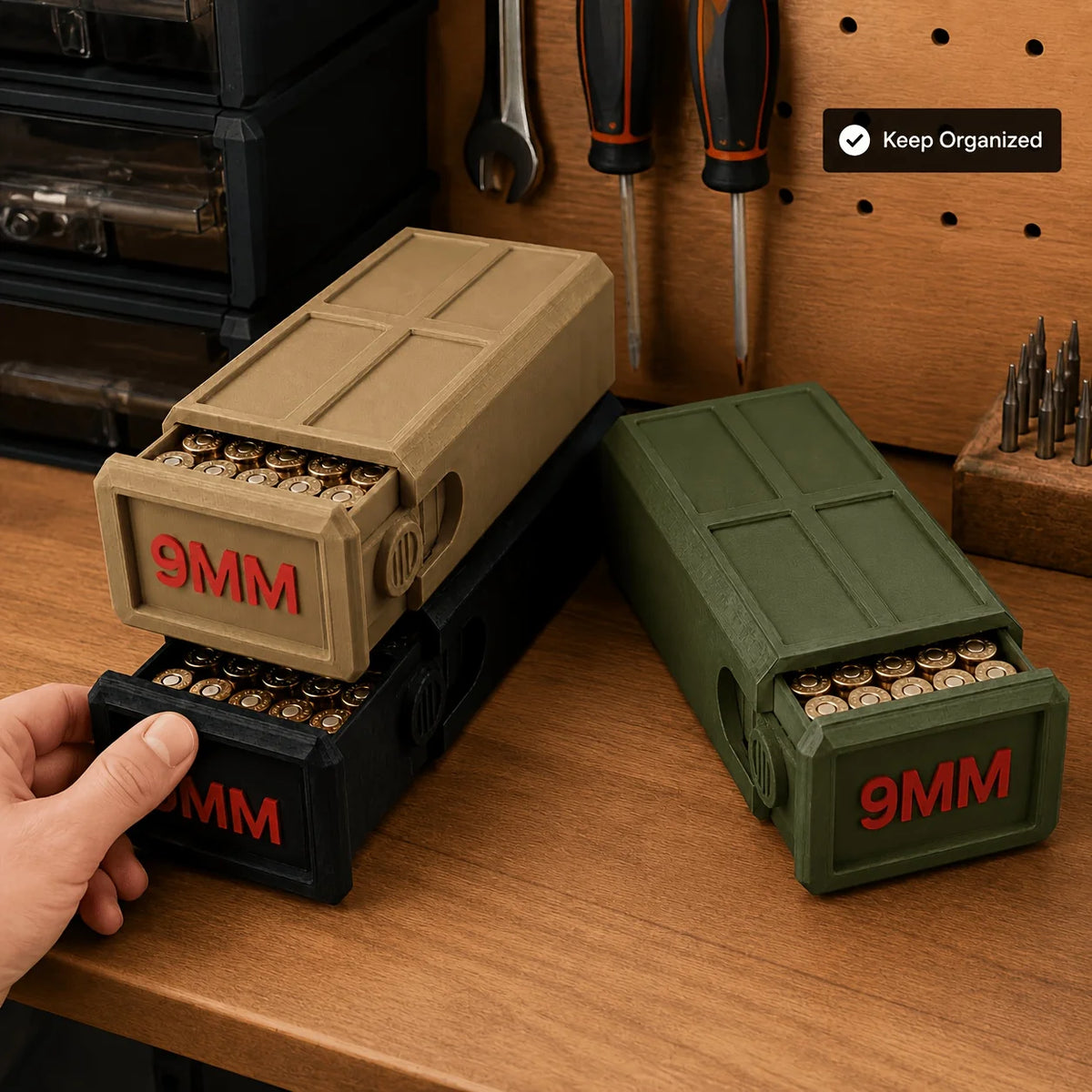 9mm Pull-Out Ammunition Storage Box Tactical Style Desktop Bullet Organizer Shooting Range Portable Gear Storage Box